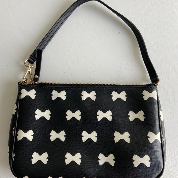 Kate Spade White Bow Print Black Wristlet Purse - Picture 2 of 4